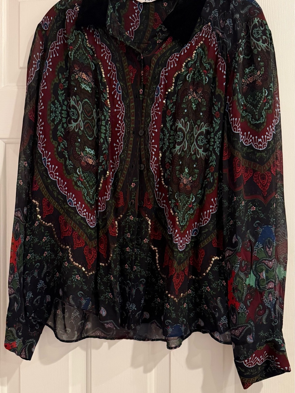 Zara Black Sheer Paisley Blouse with Red and Green Accents